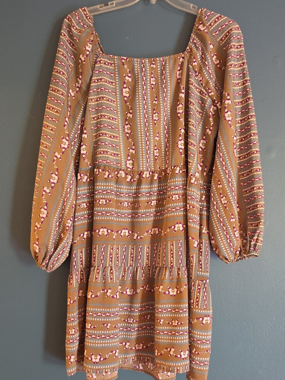 Women's Brown Patterned Long-Sleeve Dress